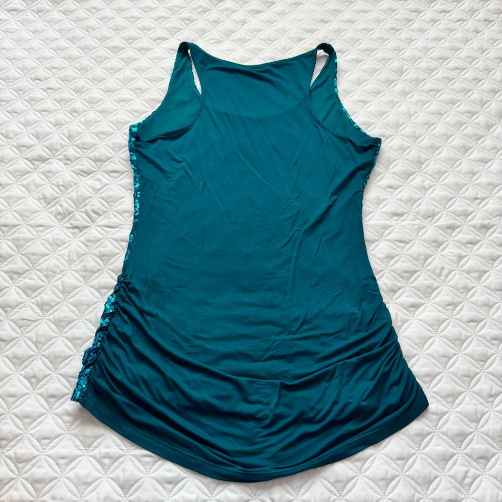 The Limited Teal Blue Sequin Front Racer Back Tank Top Side Ruched Size M - Picture 11 of 13